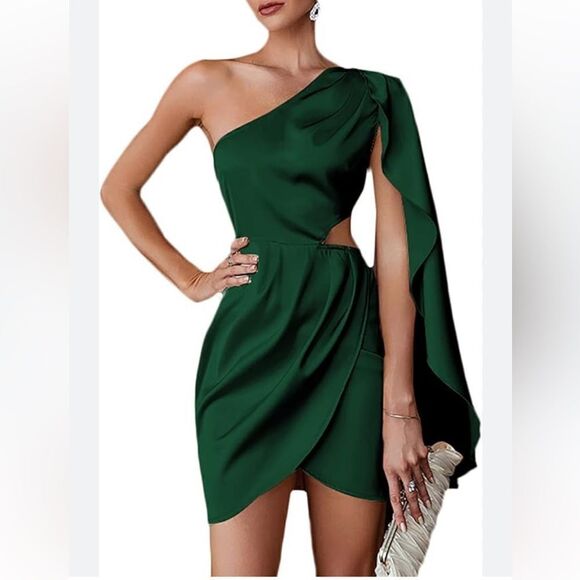 Elegant Satin One Shoulder Cut Out Waist Mini Dress - Picture 2 of 13